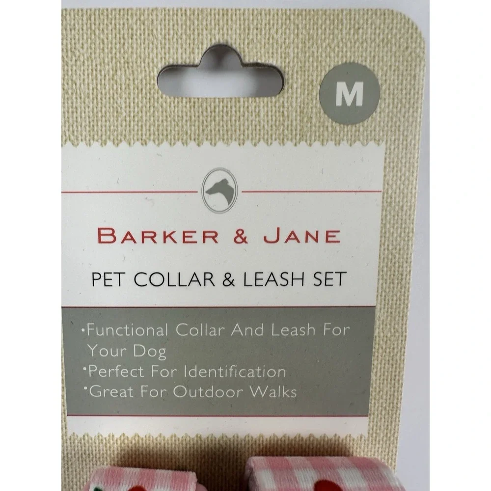 Barker & Jane Dog Collar Leash Set Pink Gingham Cherry Medium New